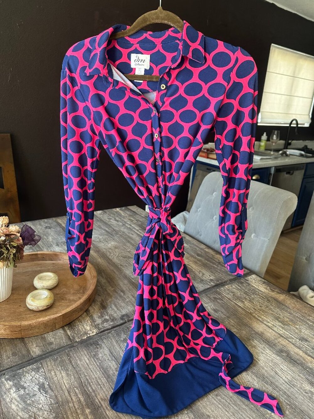 JM Collection Navy & Hot Pink Geometric Tie-Waist Blouse Sz 2